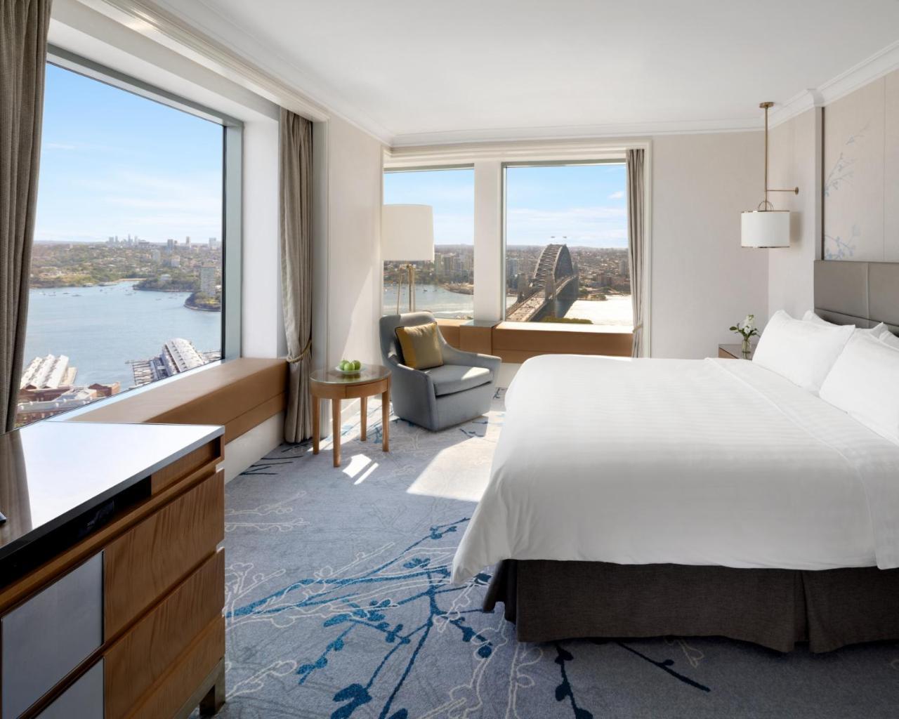 Shangri-La Sydney Exterior photo A view of the Hudson River from a guest room at the Four Seasons Hotel in New York City.